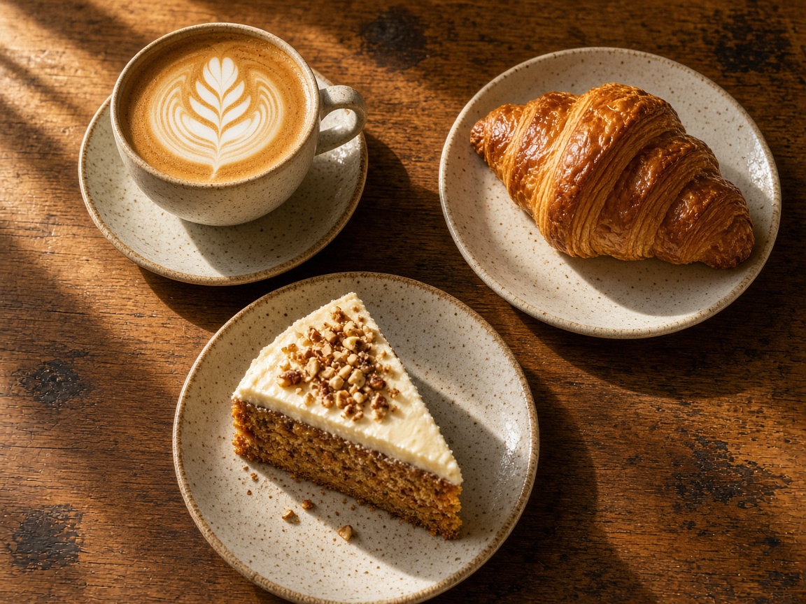 Cappuccino, carrot cake and croissant