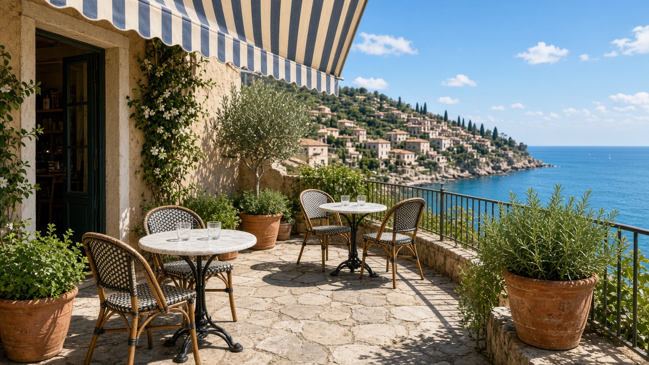 Striped awning terrace by the sea